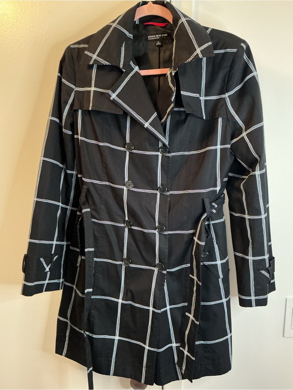 Jones New York Black Trench Coat with White Windowpane Plaid